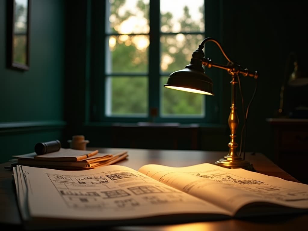 Property files and blueprints open on a desk under warm lamplight.